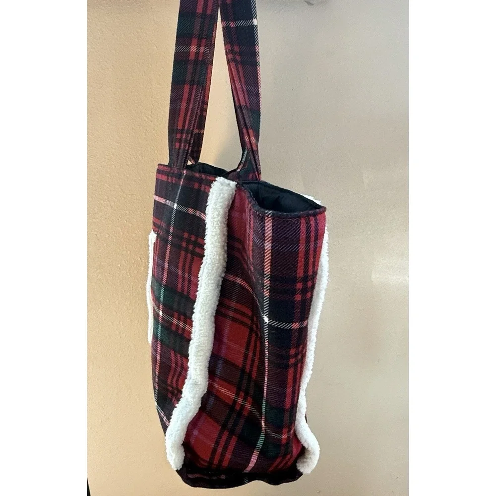 Victoria's Secret VS Faux Fur‎ Sherpa Plaid Flannel Large Tote Bag Purse Red